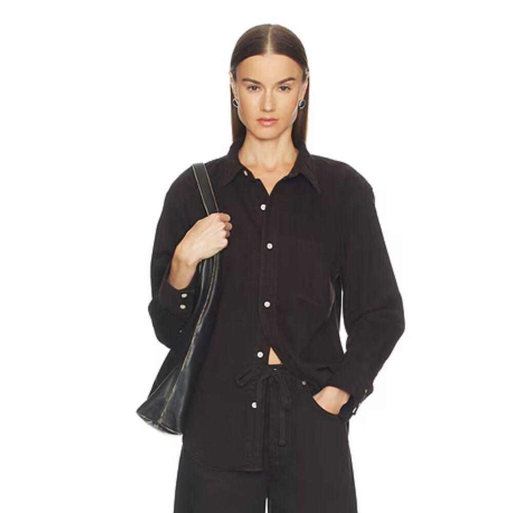 NWT XXL Rachel Zoe Black Satin Long Sleeve Shell Button Blouse